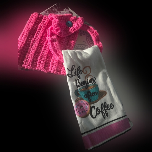 Pink Knitted Headband and Coffee Towel Set - Picture 1 of 1